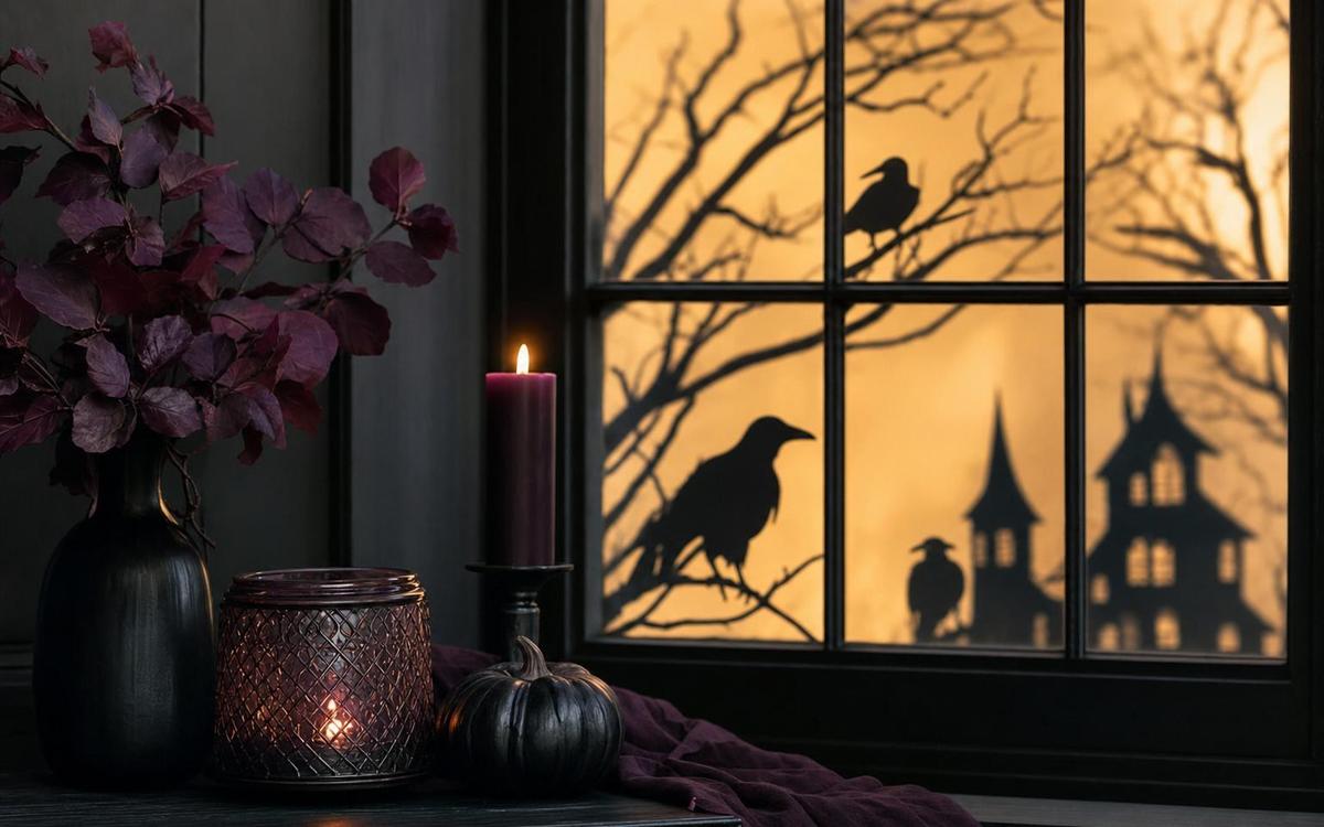 Halloween window decor with bats, witch silhouette, pumpkin light, and reusable clings