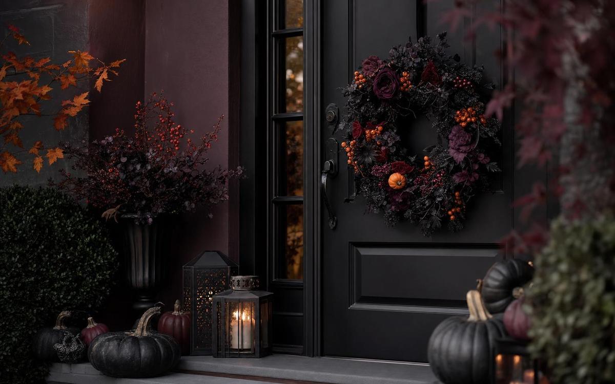 Halloween door decor with porch banners, hanging sign, bats, and garage cover