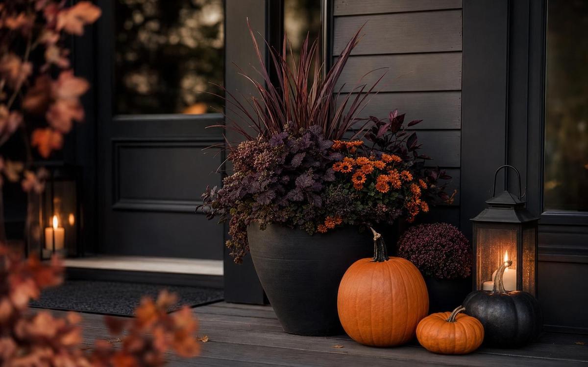 Halloween porch with spider webbing, bats, witch hats, flame lights, and rug