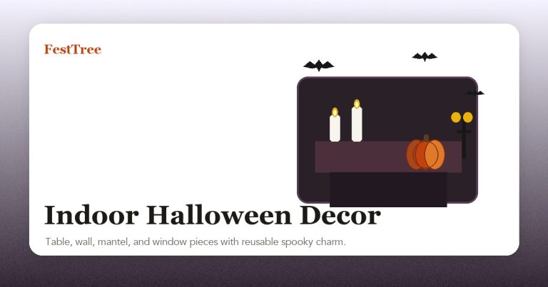 Illustrated indoor Halloween decor with bats, candles, and pumpkins