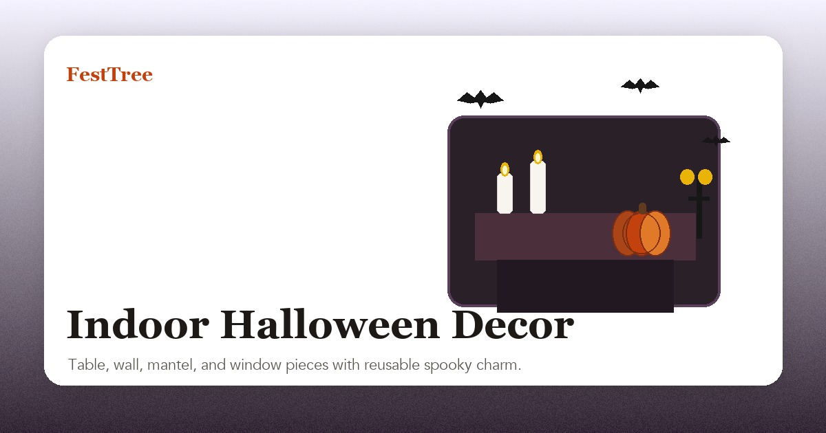 Illustrated indoor Halloween decor with bats, candles, and pumpkins