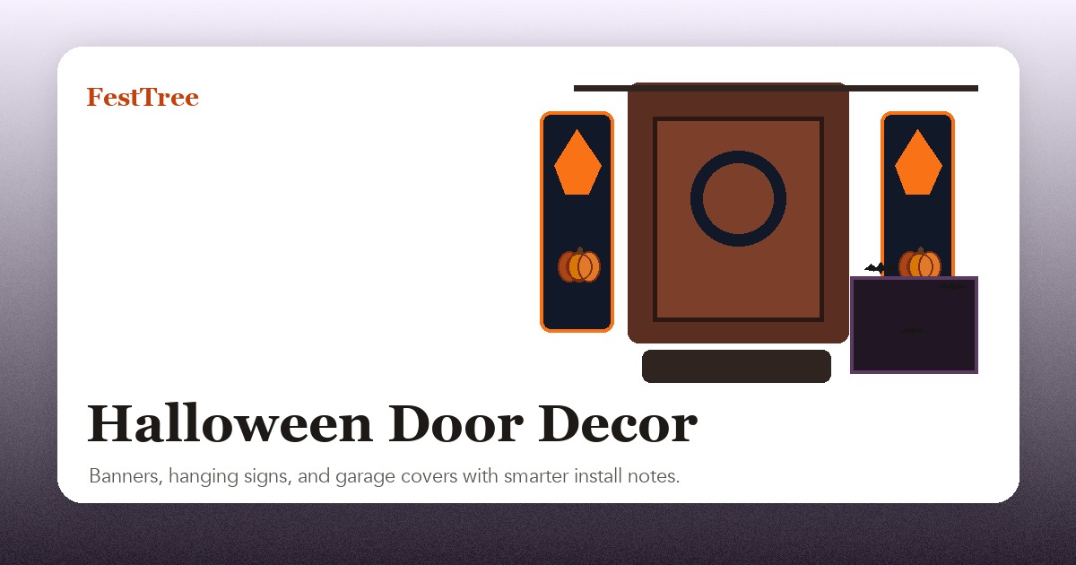 Illustrated Halloween door decor with porch banners, hanging sign, bats, and garage cover
