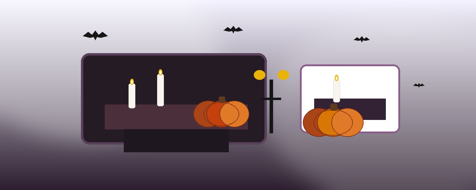 Halloween decor scene with candles, bats, pumpkins, and indoor accents
