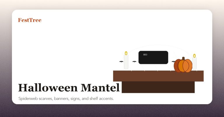 Illustrated Halloween mantel decor with spiderweb scarf, banner, candles, and pumpkins