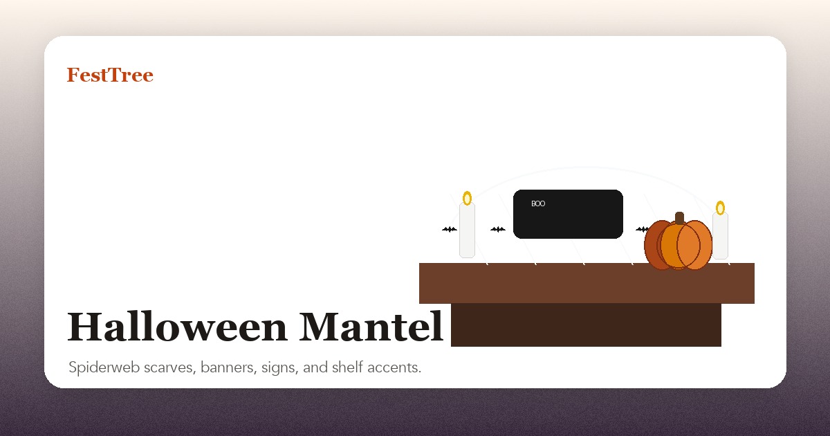 Illustrated Halloween mantel decor with spiderweb scarf, banner, candles, and pumpkins