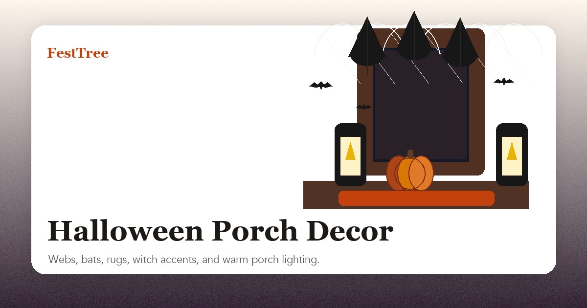 Illustrated Halloween porch with spider webbing, bats, witch hats, flame lights, and rug