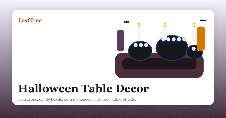 Illustrated Halloween table decor with cauldrons, candy bowls, candles, and potion accents