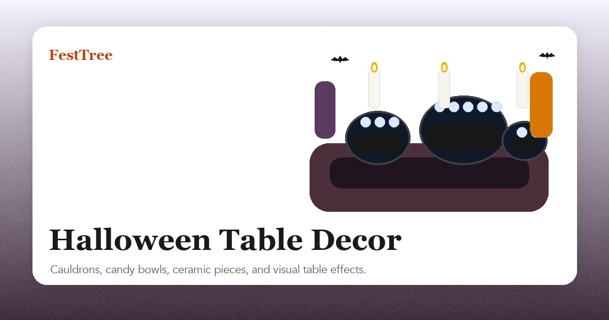 Illustrated Halloween table decor with cauldrons, candy bowls, candles, and potion accents