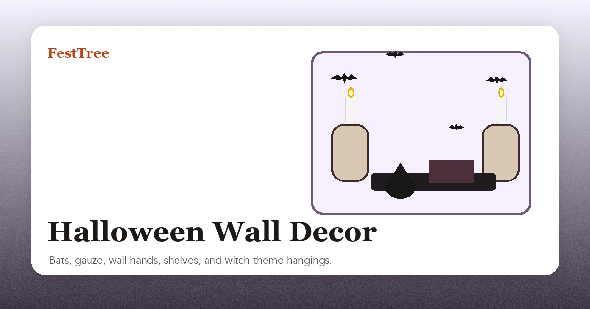 Illustrated Halloween wall decor with bats, gauze, lighted hands, shelf, and witch accent
