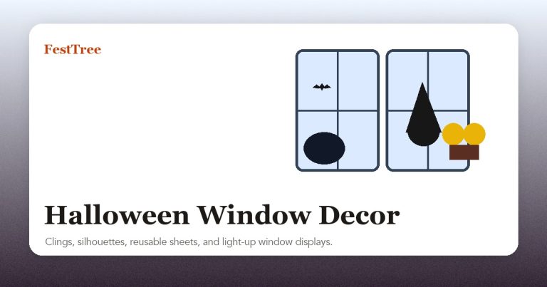 Illustrated Halloween window decor with bats, witch silhouette, pumpkin light, and reusable clings