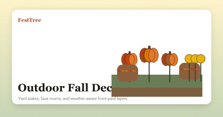 Illustrated outdoor fall decor with pumpkin yard stakes, faux mums, and garden accents