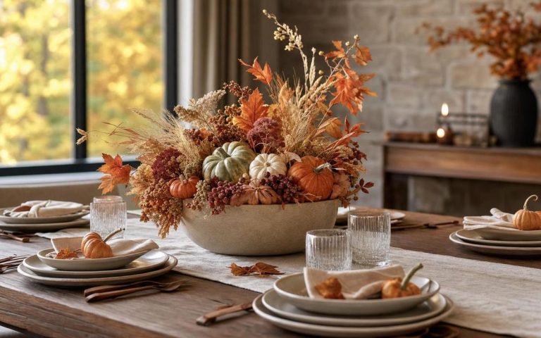 A large cream bowl of autumn flowers and pumpkins centered on a set dining table