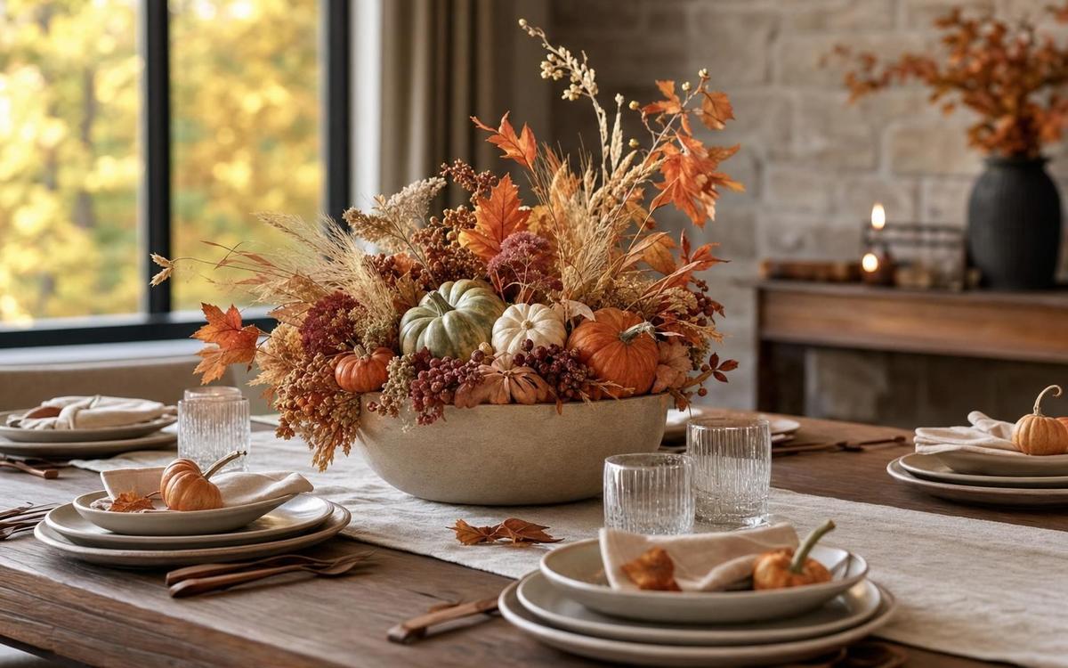 A large cream bowl of autumn flowers and pumpkins centered on a set dining table