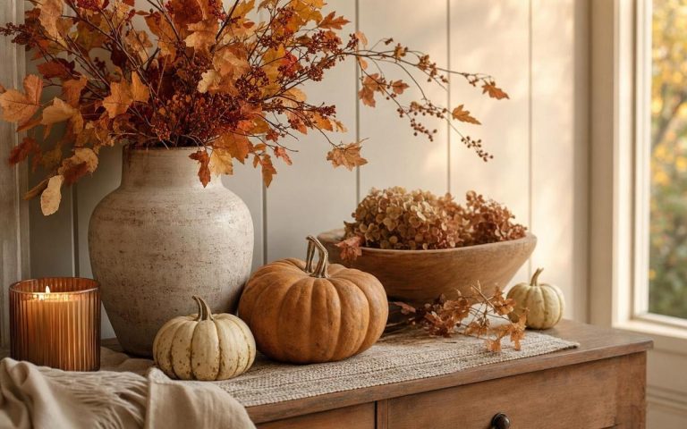 Orange and cream pumpkins, an amber candle and fall foliage arranged on a wooden console