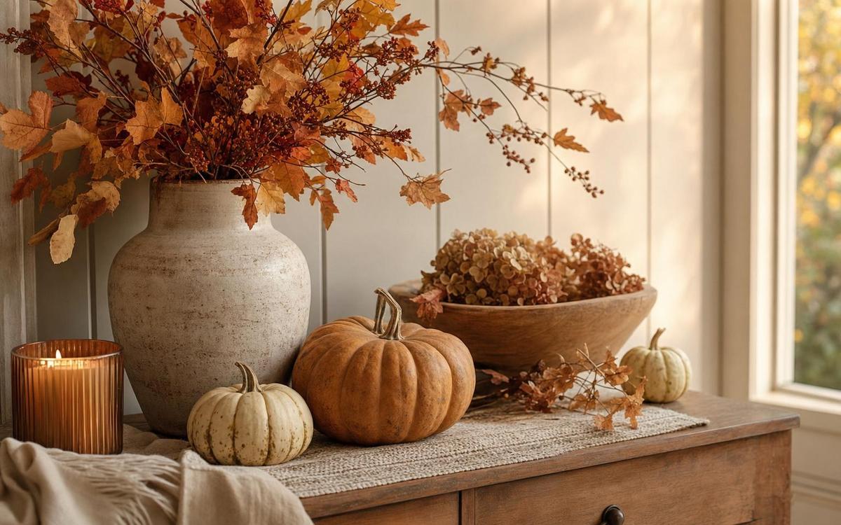 Orange and cream pumpkins, an amber candle and fall foliage arranged on a wooden console