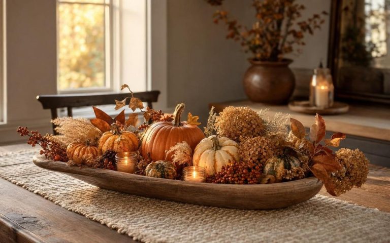 A long wooden bowl filled with pumpkins, dried flowers, autumn leaves and candles on a table runner