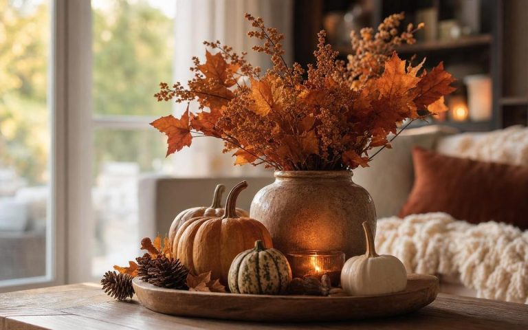 A copper vase of orange leaves surrounded by small pumpkins and a candle on a coffee table