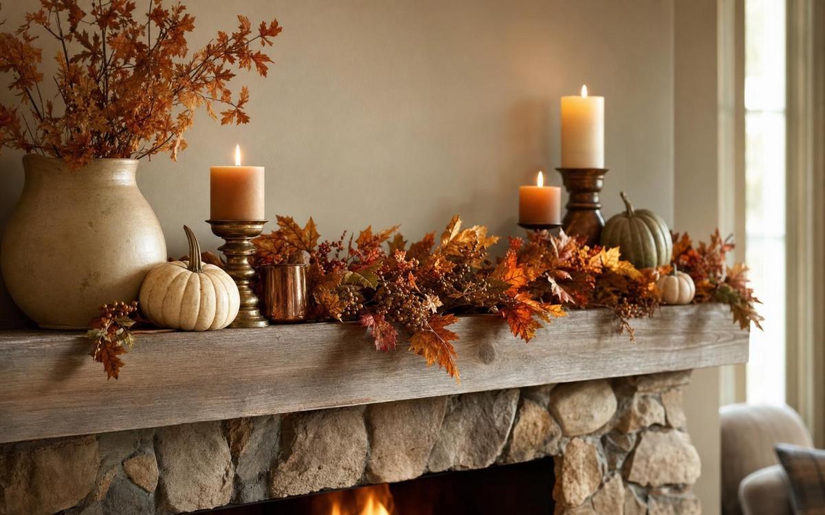 Photorealistic Thanksgiving Mantel Decor seasonal decor vignette