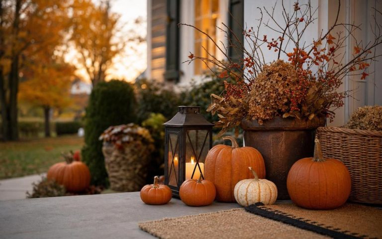Orange and cream pumpkins with a lantern and dried flowers on a front porch