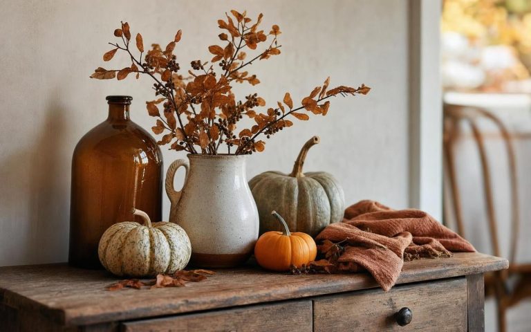 An amber bottle, cream pitcher with autumn branches, pumpkins and a rust throw on a console