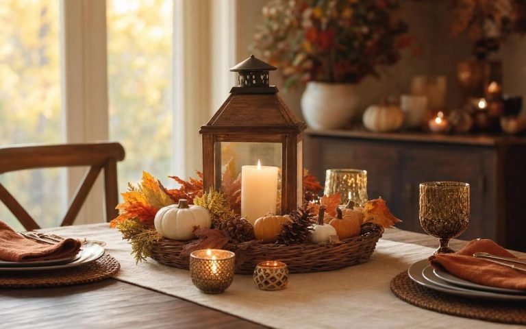 A lantern candle centered in an autumn wreath on a Thanksgiving dining table