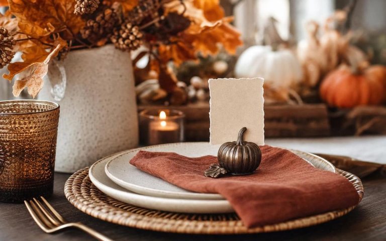 A rust napkin, white place card and miniature metal pumpkin arranged on a dinner plate