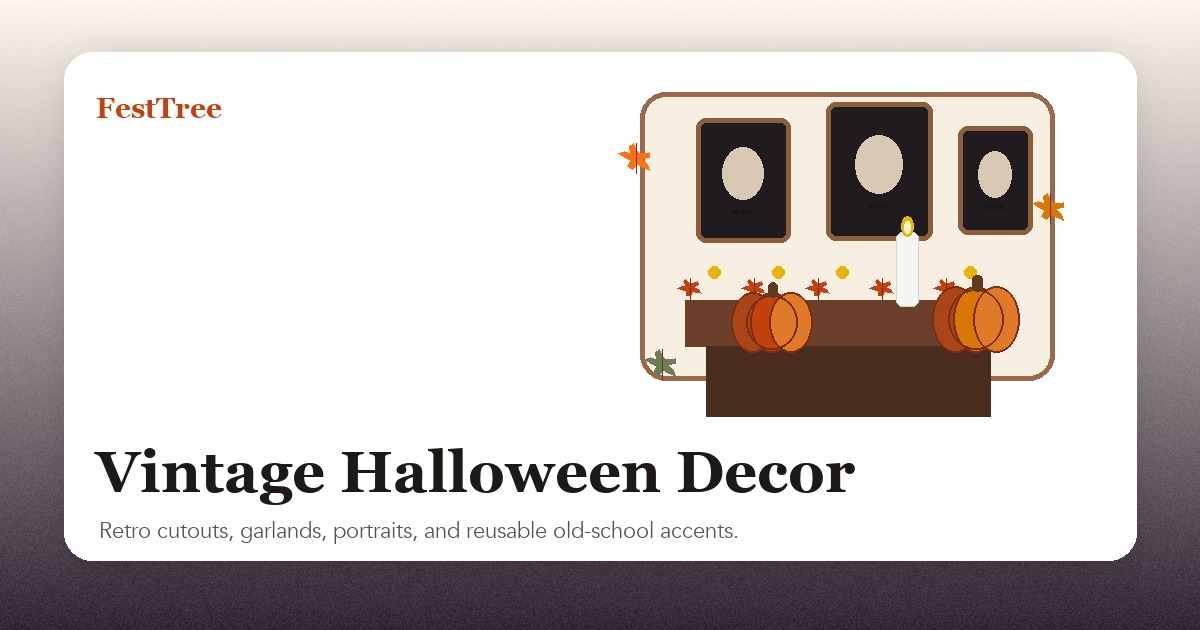 Illustrated vintage Halloween decor with retro cutouts, garland, portraits, and warm candlelight