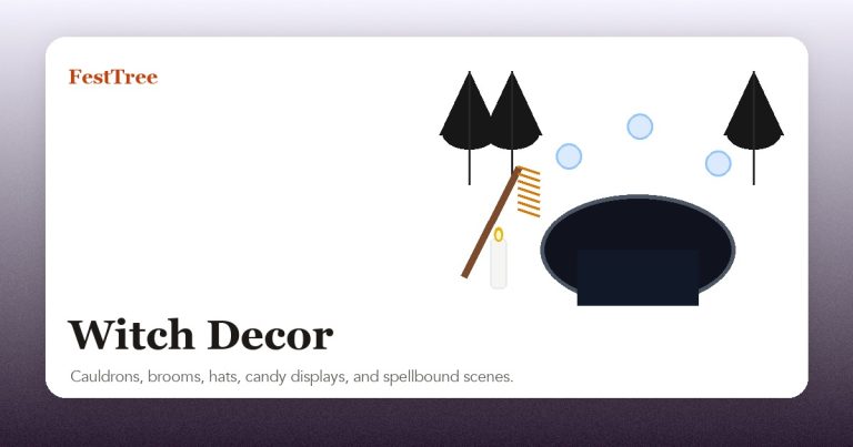 Illustrated witch decor with cauldron, hanging hats, broom, lights, and Halloween accents