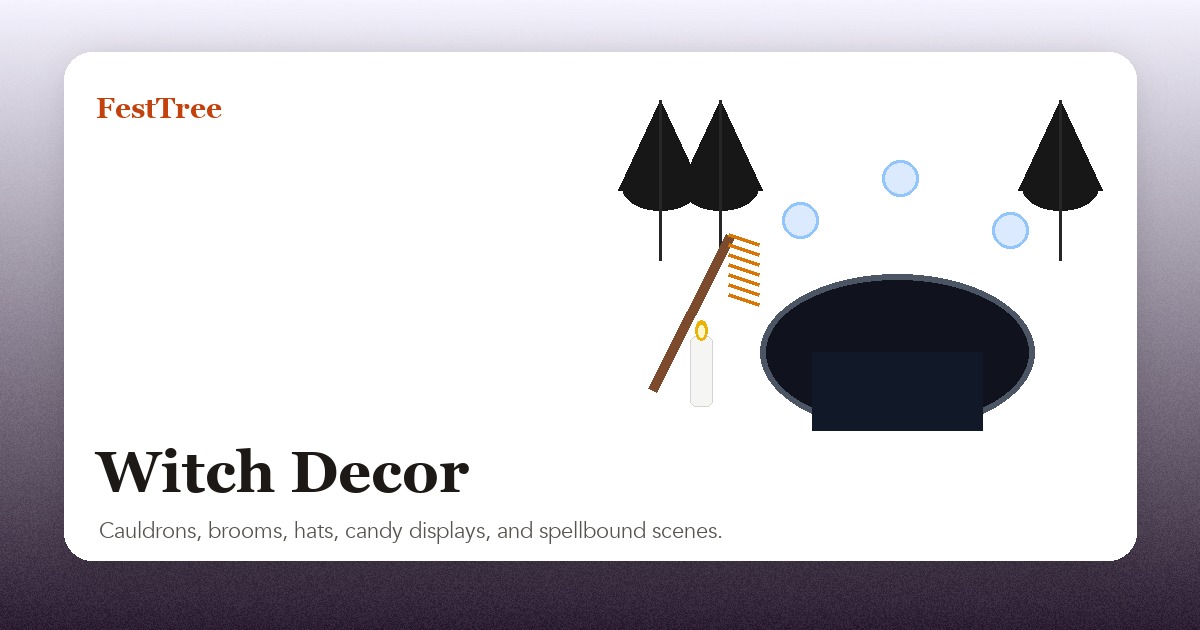 Illustrated witch decor with cauldron, hanging hats, broom, lights, and Halloween accents