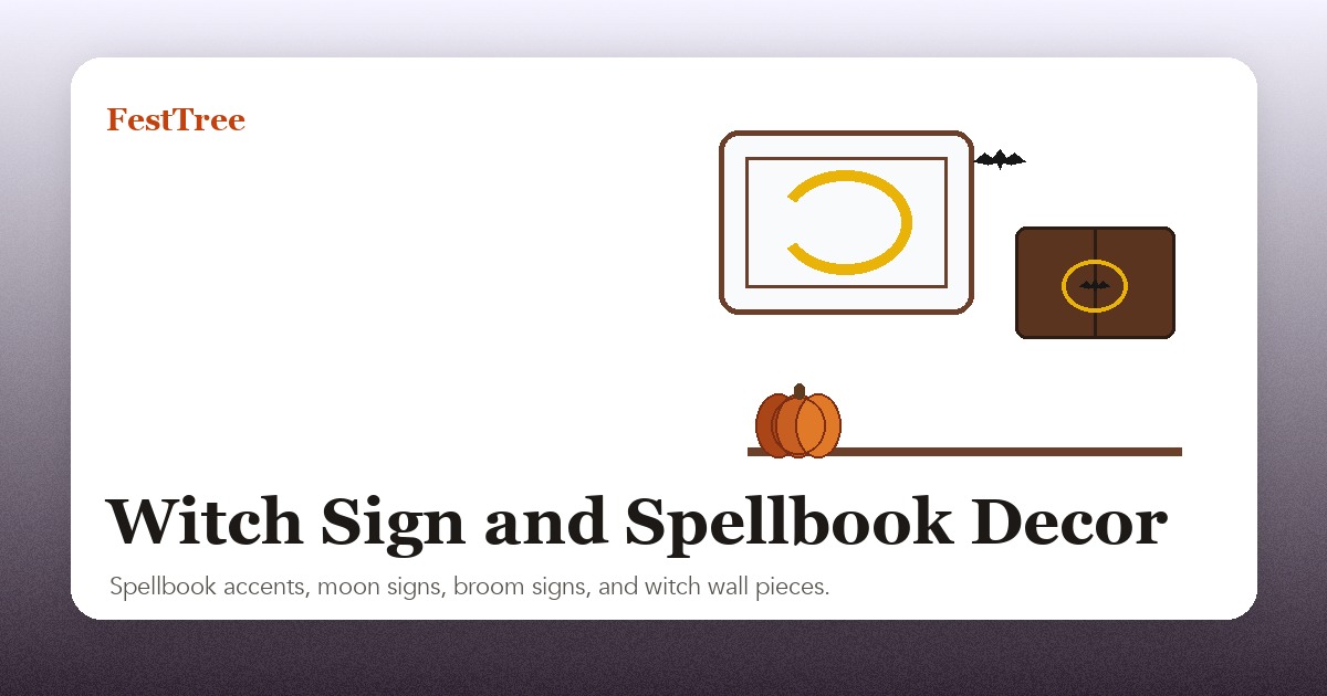Illustrated witch sign and spellbook decor scene
