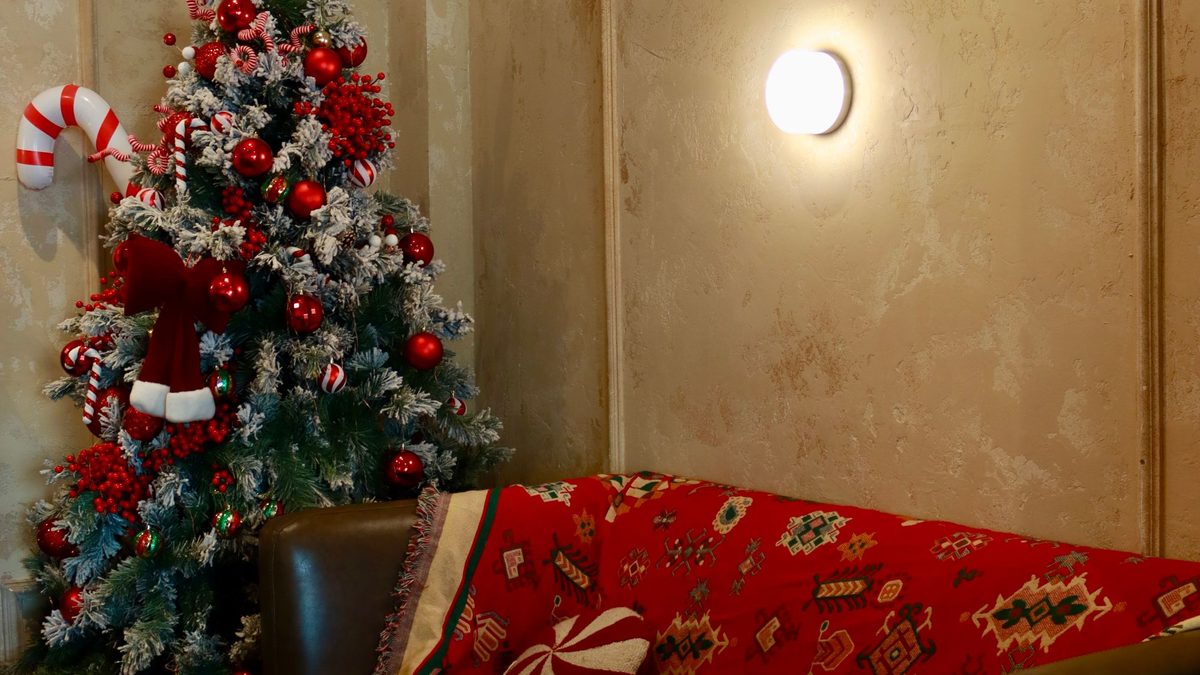 Decorated Christmas tree beside a red patterned sofa