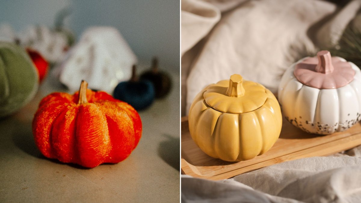 Velvet pumpkins beside a separate arrangement of ceramic pumpkins on a wooden tray