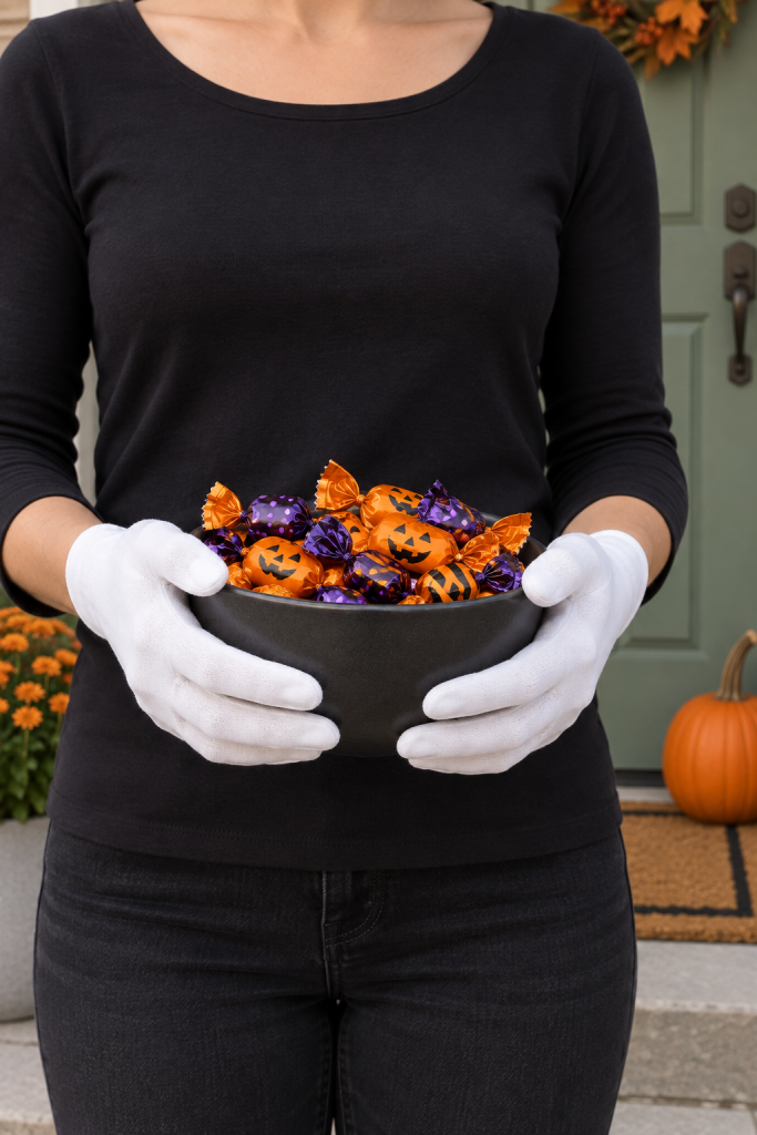 An adult in a black shirt wears white gloves while holding a dark bowl of wrapped orange and purple candy beside a sage door and pumpkin.
