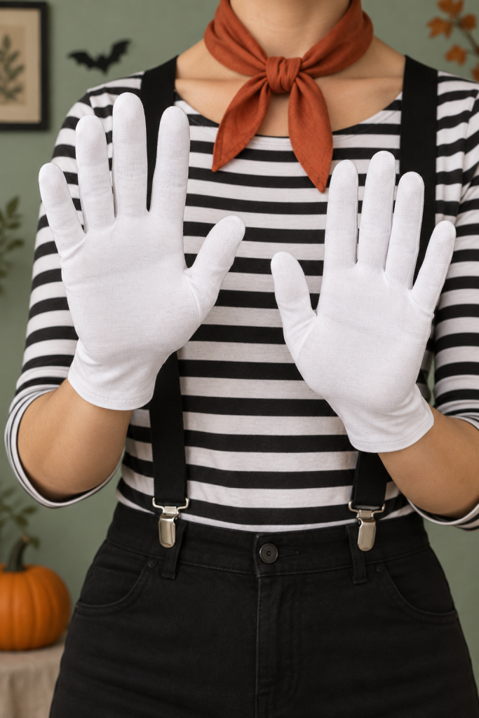 An adult in a striped shirt, black suspenders, and rust scarf holds both white-gloved palms toward the camera, with a pumpkin near the edge.